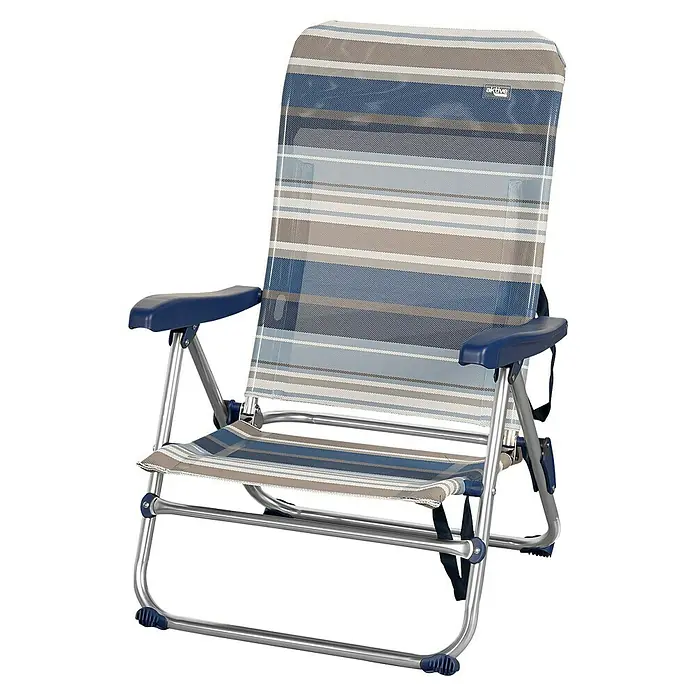 Silla de camping Mykonos - 61 x 50 x 85 cm, Azul, Acero/Textiline - Una silla de camping a rayas con reposabrazos. Es azul claro y oscuro con rayas marrones e ideal para sentarse al aire libre.