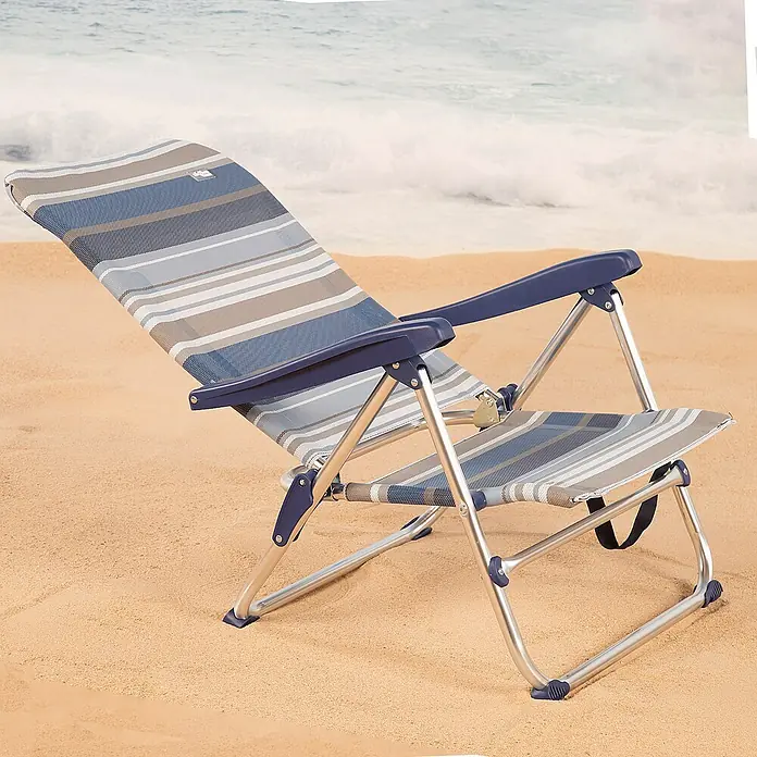 Silla de camping Mykonos - 61 x 50 x 85 cm, Azul, Acero/Textiline - Cómoda silla de playa de rayas azules y grises con respaldo ajustable para horas de relax en la playa o piscina.