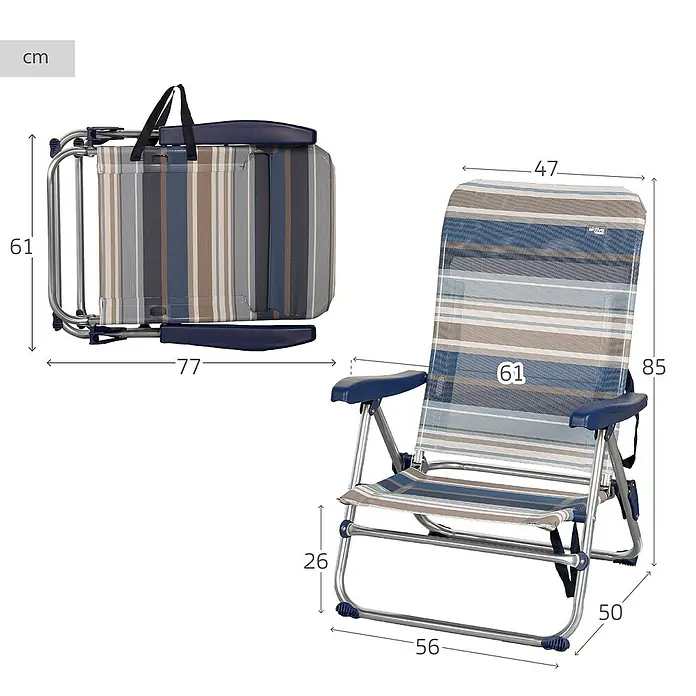 Silla de camping Mykonos - 61 x 50 x 85 cm, Azul, Acero/Textiline - Imagen de una silla de playa con dimensiones, tanto plegada como en uso. Ideal para la comodidad en la playa.