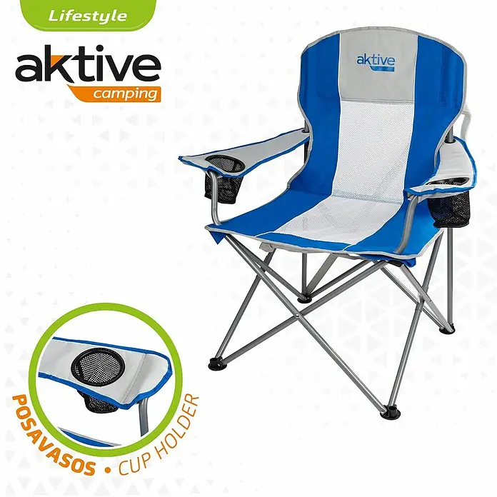 Silla de camping Dario - 60 x 59 x 98 cm, Azul, Acero/Textiline - Imagen de una silla de camping azul de Aktive Lifestyle con portavasos en los reposabrazos.