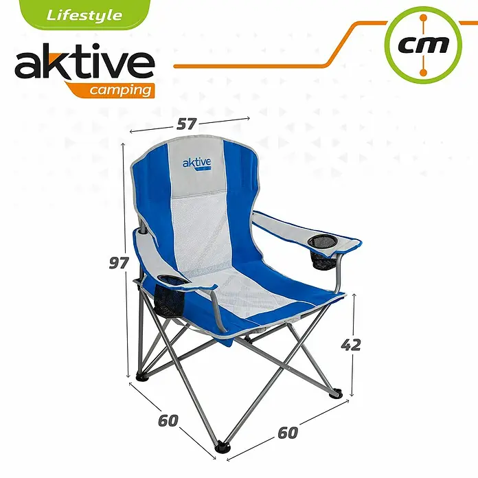 Silla de camping Dario - 60 x 59 x 98 cm, Azul, Acero/Textiline - Imagen de una silla plegable azul Aktive Camping con portabebidas y dimensiones.