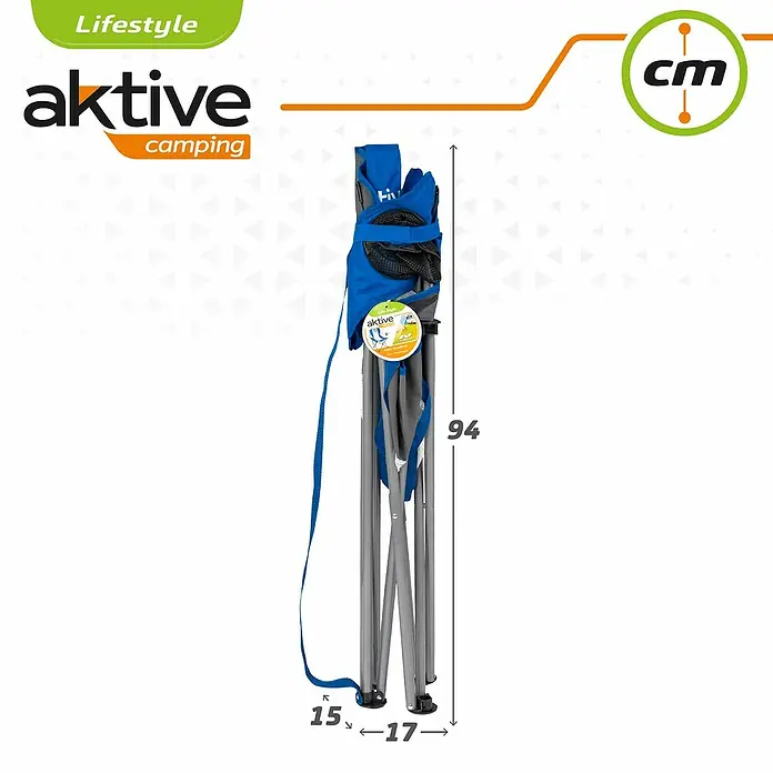 Silla de camping Dario - 60 x 59 x 98 cm, Azul, Acero/Textiline - Taburete plegable Aktive Camping plegado con correa de transporte y dimensiones.