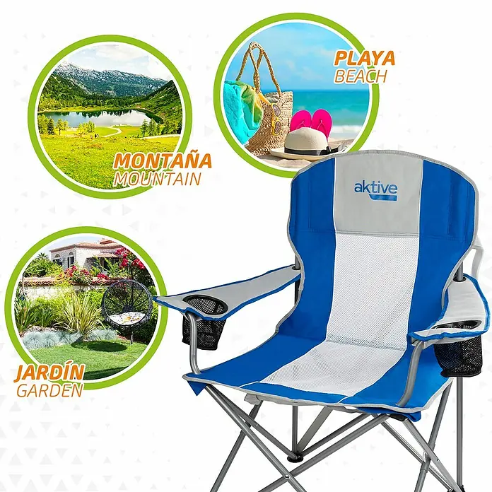 Silla de camping Dario - 60 x 59 x 98 cm, Azul, Acero/Textiline - Silla de camping azul de Aktive con portavasos. Ideal para montaña, playa o jardín. Cómoda y práctica para actividades al aire libre.