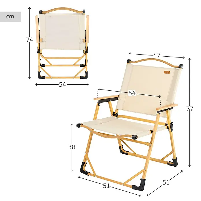 Silla de camping Sabana - 54 x 61 x 77 cm, Aluminio/Textiline, Beige - Imagen de una silla de camping con dimensiones. La silla tiene estructura de madera y asiento y respaldo de lona color crema.