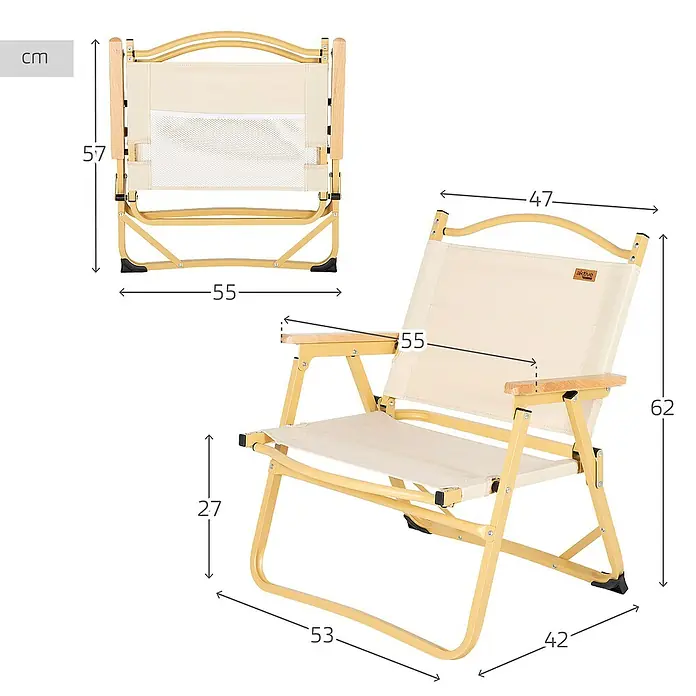 Silla de camping Sabana - 55 x 52 x 62 cm, Aluminio/Textiline, Beige - Dimensiones de la silla de camping: 57 cm de alto, 55 cm de ancho frontal, 62 cm de altura del respaldo y 47 cm de ancho del respaldo.