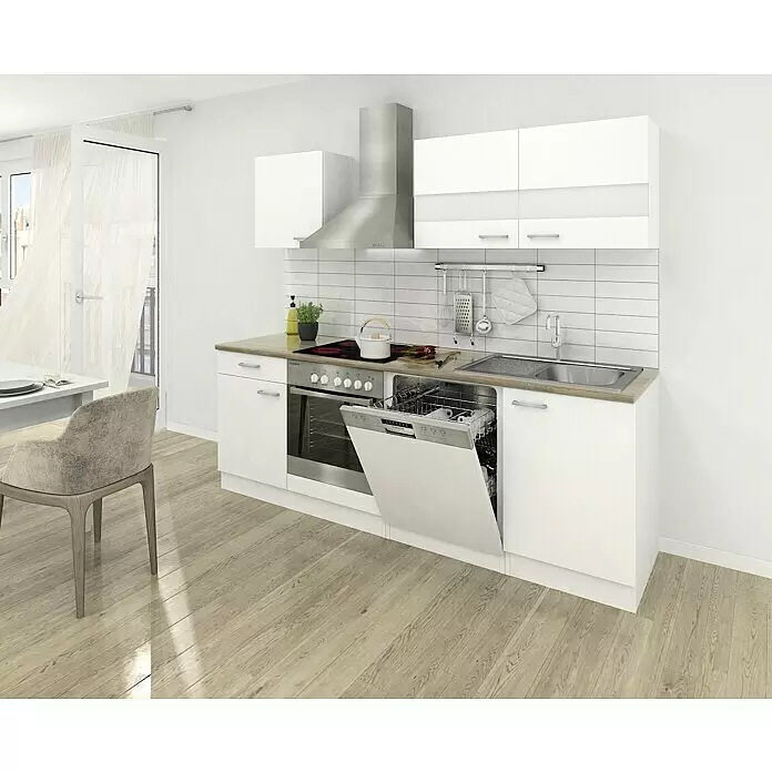 Respekta Cocina compacta Malia - Ancho: 220 cm, Blanco, Decoración encimera: Efecto madera, Volumen horno: 72 l - Cocina compacta blanca con encimera efecto madera, fregadero de acero, horno y lavavajillas abierto en apartamento.