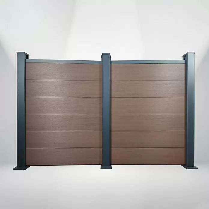 Dioco Valla Smartwall doble - 179 x 200 cm, Marrón/Antracita, Madera - Celosía de privacidad aspecto madera marrón oscuro con postes y marco gris oscuro.