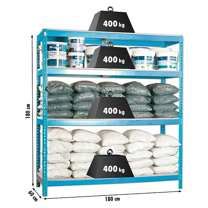 Regalux Estantería para cargas pesadas XXL - Al x An x Pr: 180 x 180 x 60 cm, Número de baldas: 4 ud., Inserción, Azul - Una estantería azul con cuatro niveles, cargada con botes de pintura y sacos, cada uno con un peso de 400 kg.