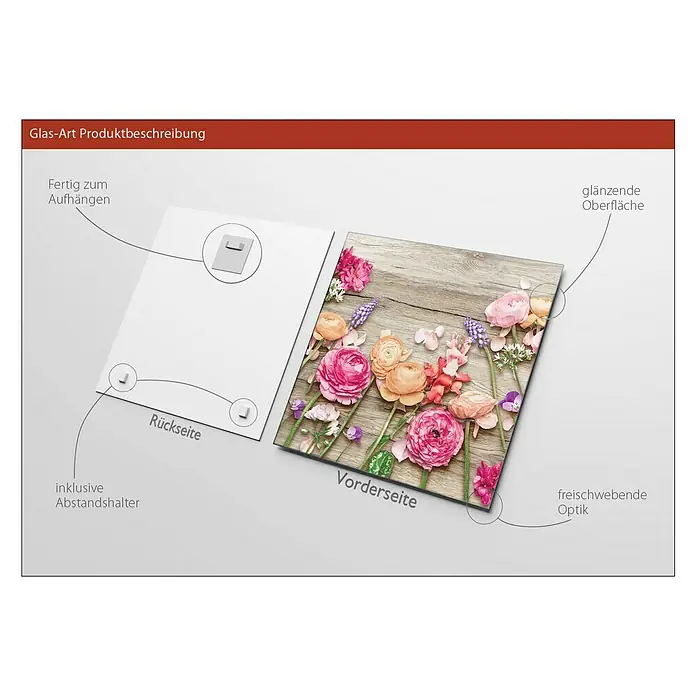 ProArt Glasbild - Abstract Flower I, B x H: 20 x 20 cm - Glasbild-Produktbeschreibung: Rückseite mit Aufhängung und Abstandshalter, Vorderseite mit glänzender Oberfläche und floralem Design für freischwebende Optik.
