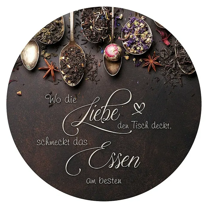 ProArt Glasbild - Liebe & Essen, Durchmesser: 30 cm - Teeliebhaber-Kreation: Ein fesselndes Bild mit einer Auswahl an Teesorten in Löffeln auf einem Tisch mit inspirierendem Zitat.