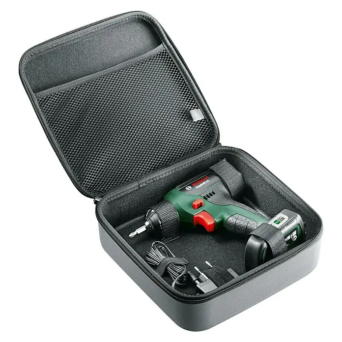 Bosch Power for All 12V Akku-Bohrschrauber EasyDrill 12 - 12 V, 1 Akku, 1,5 Ah, 15 Nm - Ein grüner Bosch EasyDrill 12 Akku-Bohrschrauber mit Zubehör in einem grauen Transportkoffer mit Reißverschluss und Netzfach.
