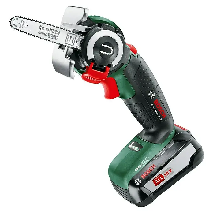 Bosch Power for All 18V NanoBlade-Säge AdvancedCut 18 - Leerlaufdrehzahl: 7.000 U/min, 18 V, 1 Akku - Eine Akku-Kettensäge von Bosch, Modell AdvancedCut 18, mit NanoBlade-Technologie für präzise Schnitte.
