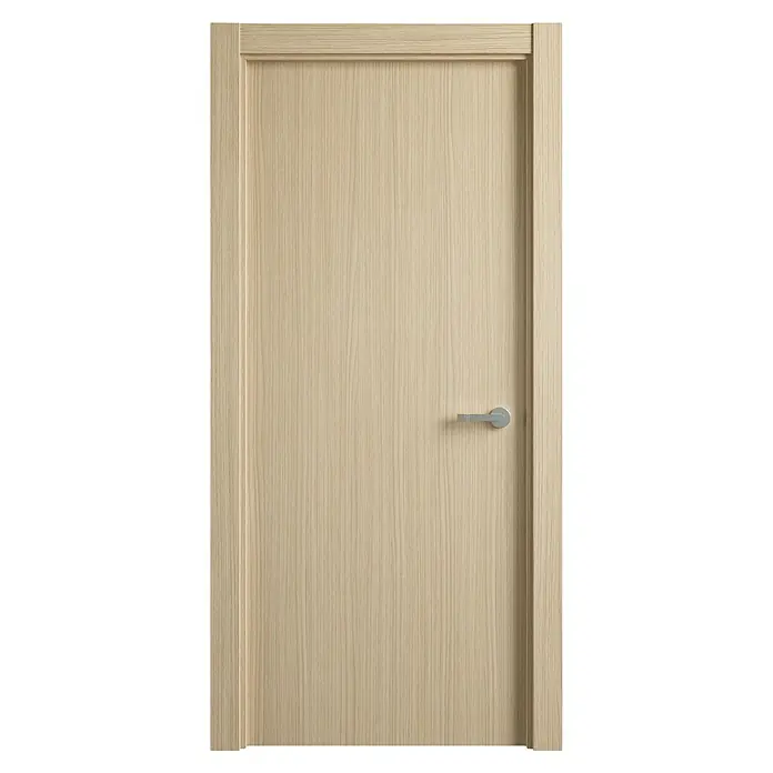 Puerta interior Roble Quercus Natura - 72,5 x 203 cm, Izquierda, Roble, Alveolar - Primer plano de una puerta de madera con manija plateada, que destaca los detalles y la textura de la puerta.