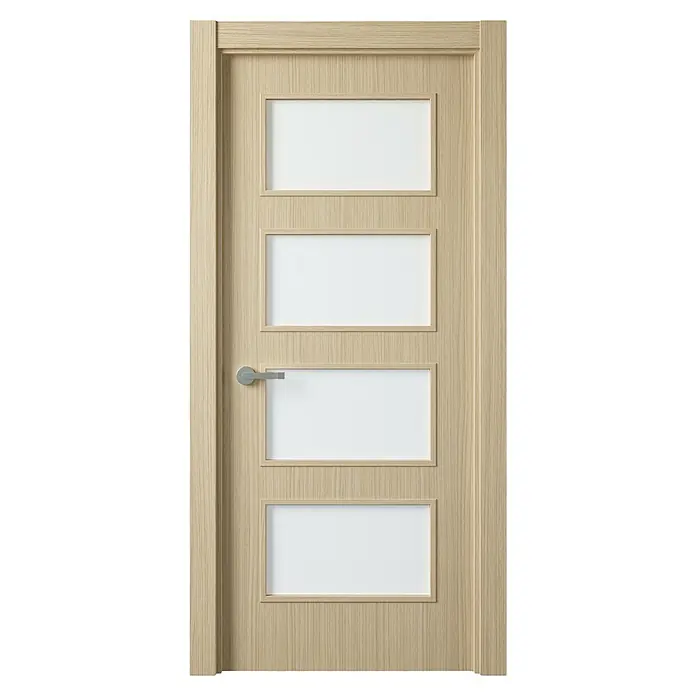 Puerta acristalada Quercus - 72,5 x 203 cm, Derecha, Roble - Elegante puerta de madera con cuatro inserciones de vidrio rectangulares y un tirador moderno, ideal para interiores con estilo.