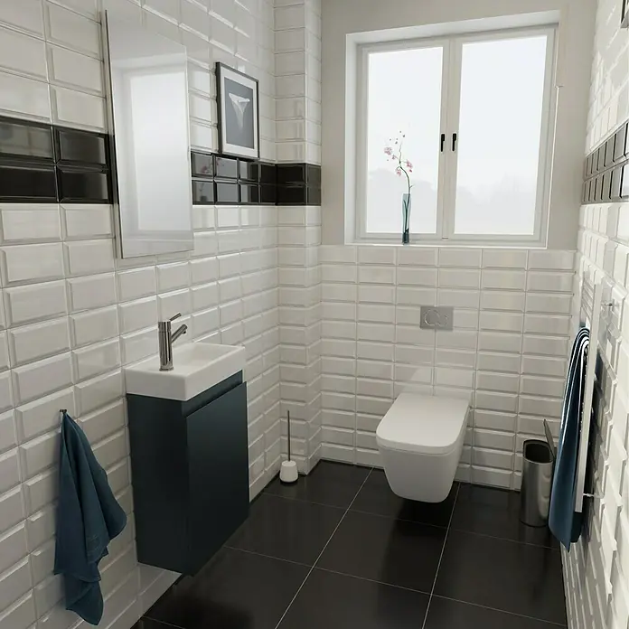 Camargue Espacio Badmöbel-Set A4 - 40 cm, Gama anthrazit matt - Modernes Badezimmer mit weiß gefliesten Wänden, dunklem Boden und Waschtisch mit blauem Unterschrank. Inklusive Toilette und Handtuchhalter.