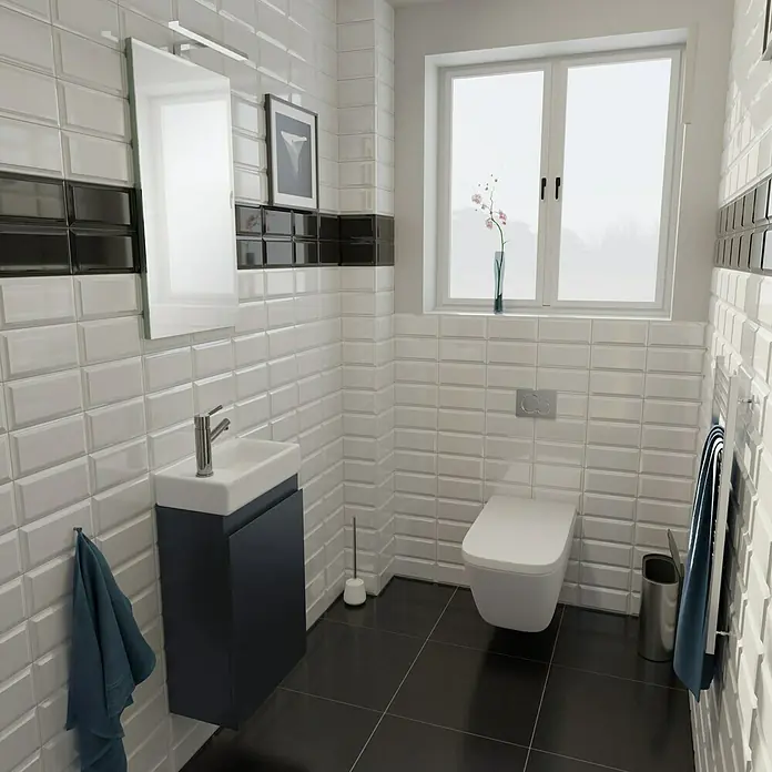 Camargue Espacio Waschtischunterschrank - 40 x 22 x 60 cm, Gama anthrazit matt - Modernes Badezimmer mit WC, Waschbeckenunterschrank in Anthrazit, weißen Fliesen mit schwarzem Akzent und Handtuchhalter.