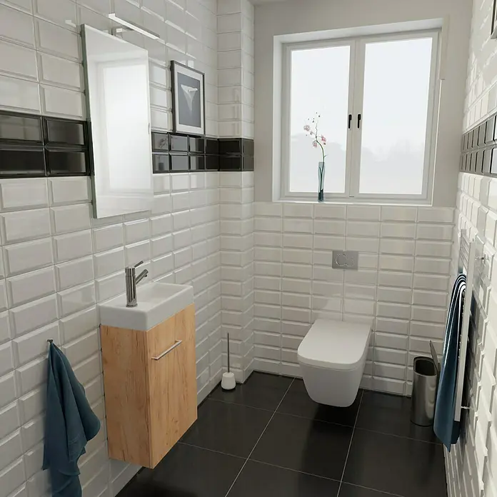 Camargue Espacio Waschtischunterschrank - 40 x 22 x 60 cm, Doce - Modernes Badezimmer mit weißer Metrofliese, schwarzem Boden und Waschtischunterschrank in Holzoptik. Blickfang ist das große Fenster.