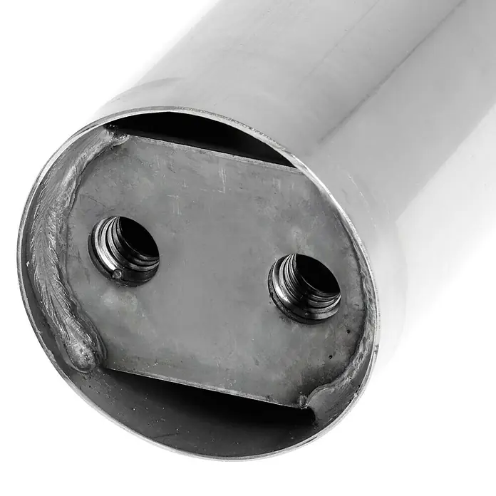 Rohr für Granitschirmständer - Passend für: Sunfun Granitschirmständer - Detailansicht eines Metallrohrs mit zwei Gewindebohrungen und einer glatten, reflektierenden Oberfläche, ideal für industrielle Anwendungen.