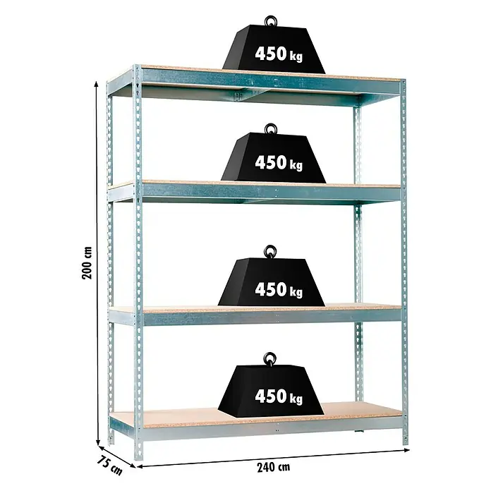 Regalux Estantería para cargas pesadas XXL - Al x An x Pr: 200 x 240 x 75 cm, Número de baldas: 4 ud., Inserción, Galvanizado - Imagen de una estantería de alta resistencia con cuatro estantes, cada uno cargado con un peso de 450 kg. Se muestran las dimensiones de la estantería.