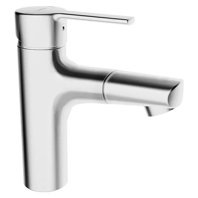Hansa Ronda Waschtischarmatur - Chrom, Glänzend, Ausziehbar - Eine Nahaufnahme einer glänzenden, silbernen Armatur. Das moderne Design mit klaren Linien ist ein Blickfang im Badezimmer.