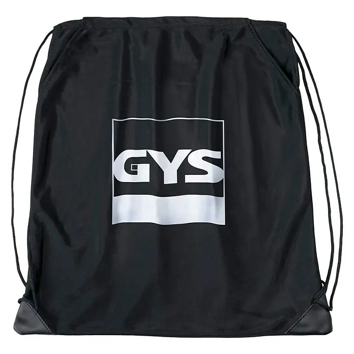 Gys Schweißgerät-Schutzhülle - 1 Stk. - Schwarzer GYS Turnbeutel mit Kordelzug. Der Sportbeutel hat ein großes weißes GYS-Logo auf der Vorderseite und verstärkte Ecken.