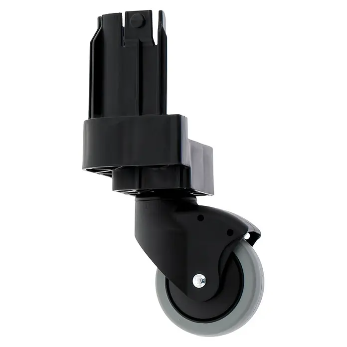 Surplus Systems Rollen-Set - Passend für: Surplus Systems Euronormboxen, Stecken, 2 Stk., Ohne Feststellbremse - Dieses Bild zeigt ein Lenkrolle mit einem grauen Rad und einem schwarzen Gehäuse, die an einer schwarzen Halterung befestigt ist.