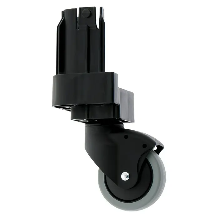 Surplus Systems Rollen-Set - Passend für: Surplus Systems Euronormboxen, Stecken, 2 Stk., Ohne Feststellbremse - Dieses Bild zeigt ein Lenkrolle mit einem grauen Rad und einem schwarzen Gehäuse, die an einer schwarzen Halterung befestigt ist.