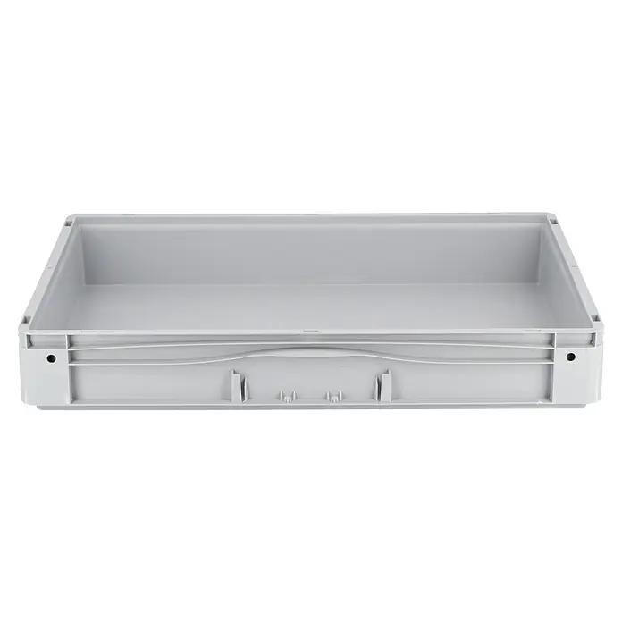 Surplus Systems Eurobox - L x B x H: 80 x 60 x 12 cm, Kunststoff, Grau - Ein grauer, rechteckiger Kunststoffbehälter mit Griffen und einer glatten Oberfläche. Ideal für Lagerung und Transport von Gegenständen.
