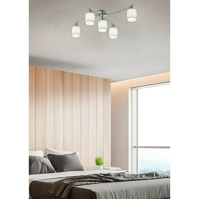 Trio Leuchten Deckenleuchte Garda - 25 W, L x B x H: 7,5 x 44,2 x 22 cm, E14, Weiß - Moderne Deckenleuchte mit fünf zylindrischen Lampenschirmen aus weißem Glas und gebogener, silberfarbener Metallstruktur für Schlafzimmer.