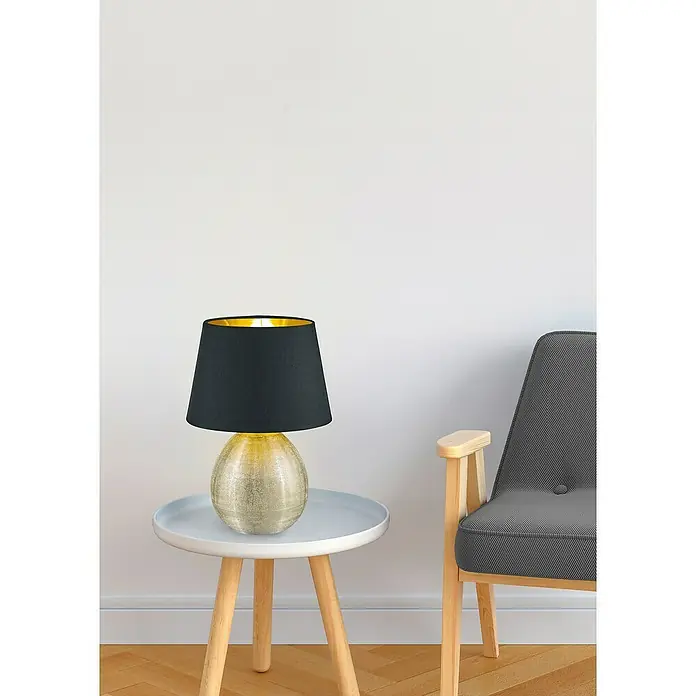 Reality Leuchten Tischleuchte rund Luxor - 60 W, Ø x H: 240 mm x 35 cm, Gold, Schwarz, Gold, E27 - Schicke Tischleuchte mit schwarzem Lampenschirm und goldenem Interieur, die eine elegante Atmosphäre in jedem Raum schafft.