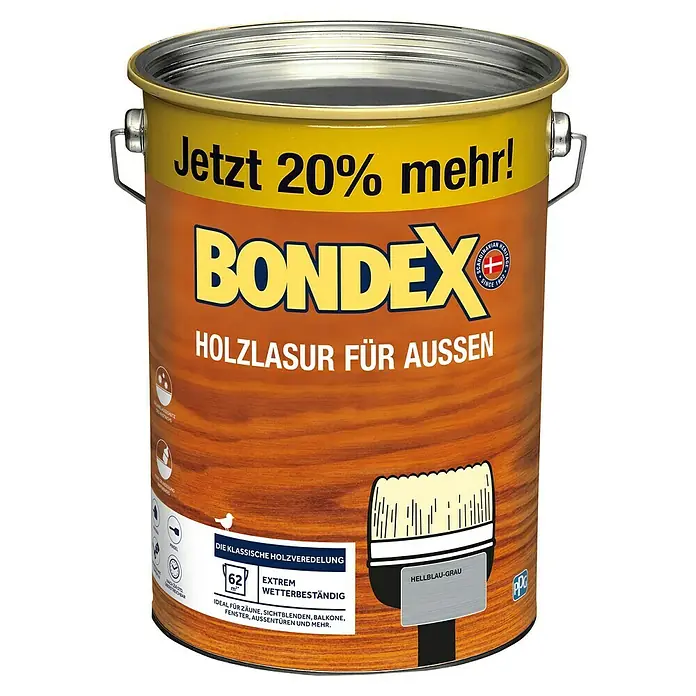 Bondex Holzlasur für Außen - Hellblau-Grau, 4,8 l, Seidenmatt - Dose Bondex Holzlasur für Aussen, Farbe Hellblau-Grau, mit 20% mehr Inhalt. Ideal für Zäune, Fenster und mehr.
