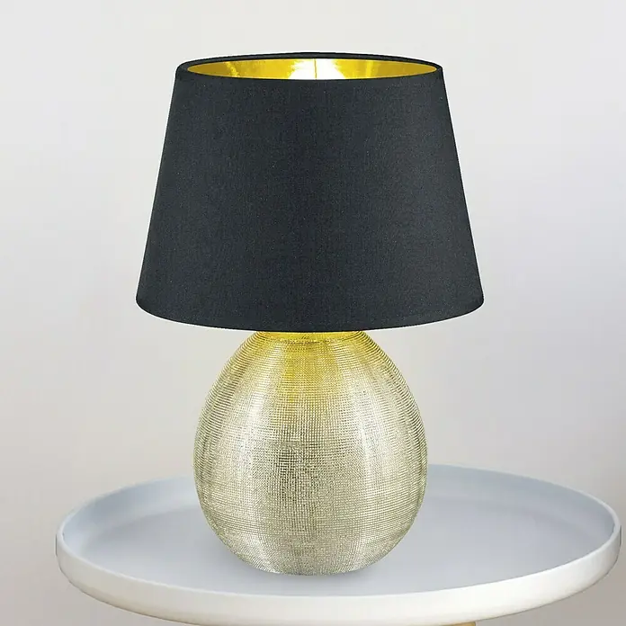 Reality Leuchten Tischleuchte rund Luxor - 60 W, Ø x H: 240 mm x 35 cm, Gold, Schwarz, Gold, E27 - Elegante Tischlampe mit einem goldenen, strukturierten Sockel und einem schwarzen Lampenschirm mit goldener Innenseite.
