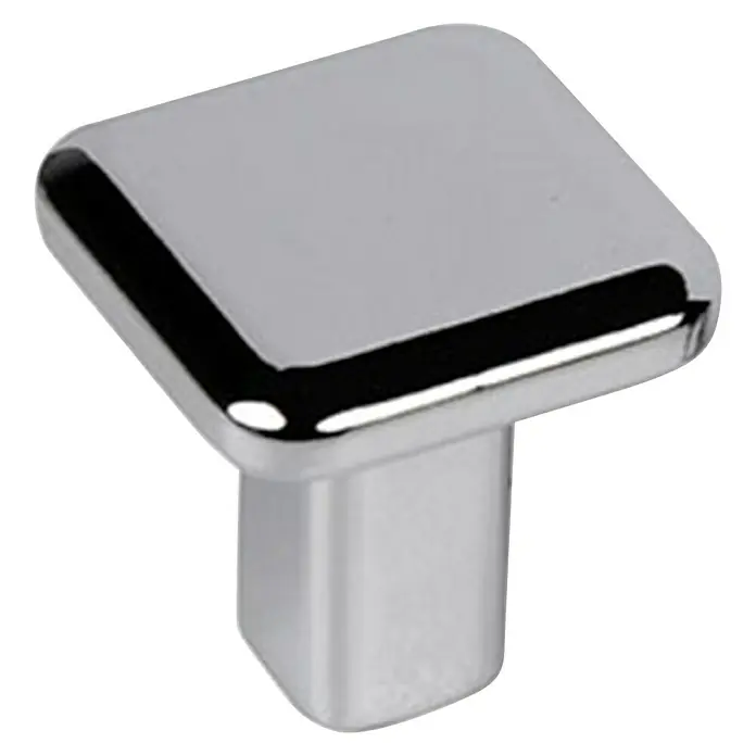 Nesu Pomo para muebles 3201 - Acero, Cromo - Primer plano de un tirador de mueble cuadrado de color plateado con bordes redondeados sobre un fondo negro.