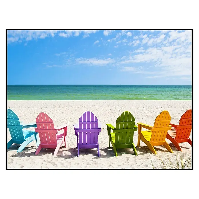 Cuadro Beach chairs - Sillas en la playa, An x Al: 40 x 30 cm - Coloridas sillas Adirondack bordean la playa, ofreciendo un lugar vibrante y acogedor para relajarse y disfrutar de la vista.