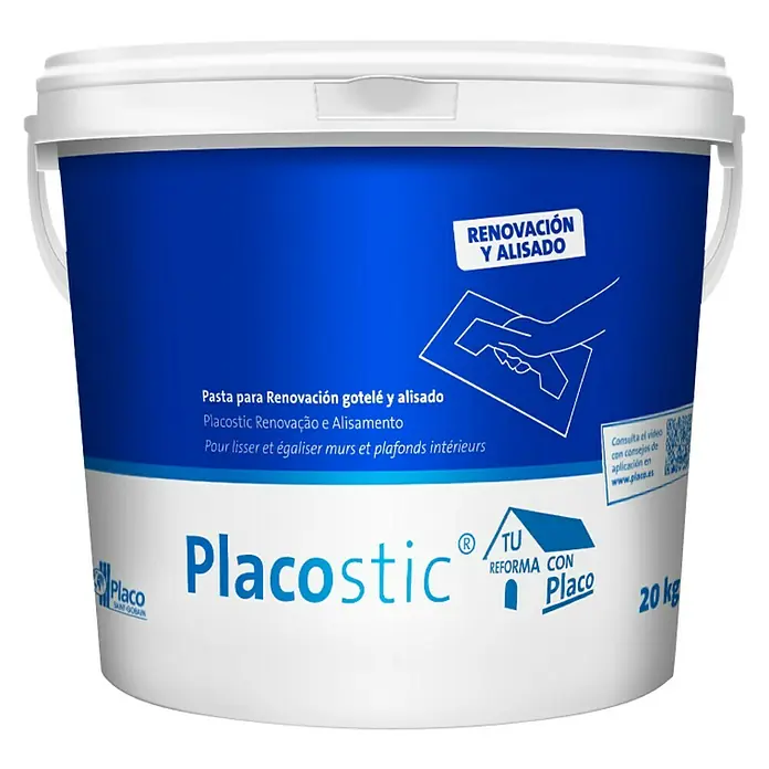 Placo Saint-Gobain Pasta de yeso Placostic Renovación y Alisado - 20 kg, Apto para: Renovación - Un cubo de masilla de renovación Placostic para alisar paredes y techos.