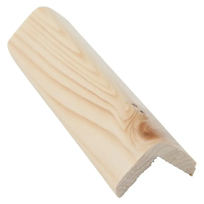 Cantonera barnizada - 240 cm x 34 mm x 34 mm, Madera de abeto - Moldura de esquina de madera clara con bordes redondeados. La veta de la madera es visible con nudos naturales, ideal para proyectos de acabado interior.