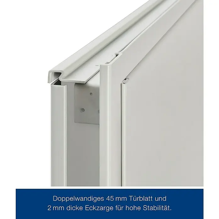 Hörmann Feuerschutzklappe T30 H8-5 - 75 x 87,5 cm, DIN Anschlag: Links/Rechts, Grauweiß - Detailansicht einer doppelwandigen 45 mm Tür mit einer 2 mm dicken Eckzarge, die für hohe Stabilität sorgt.