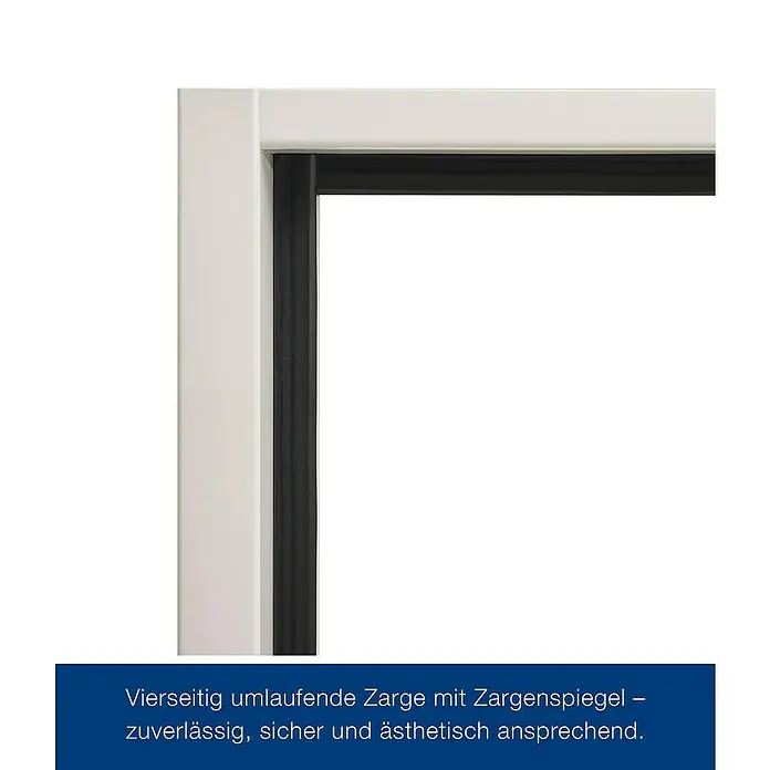 Hörmann Feuerschutzklappe T30 H8-5 - 75 x 87,5 cm, DIN Anschlag: Links/Rechts, Grauweiß - Detailansicht einer Türzarge mit umlaufendem Spiegel, die Zuverlässigkeit und Ästhetik vereint.