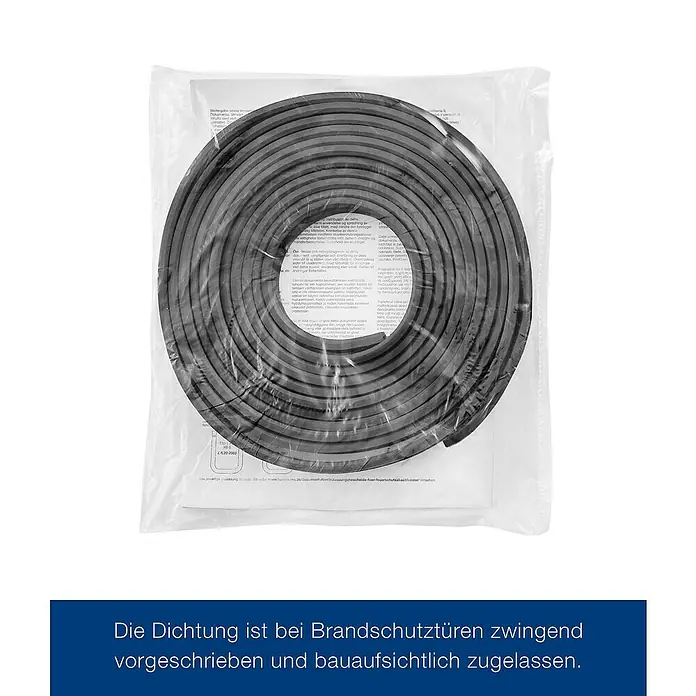 Hörmann Feuerschutzklappe T30 H8-5 - 75 x 87,5 cm, DIN Anschlag: Links/Rechts, Grauweiß - Bild einer Dichtung für Brandschutztüren in einer transparenten Verpackung. Die Dichtung ist aufgerollt und bereit für den Einbau.