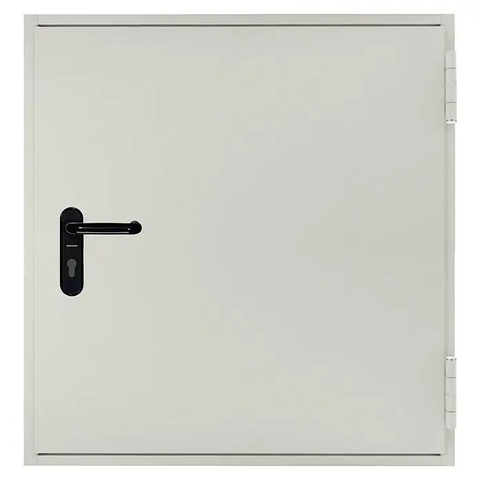 Hörmann Feuerschutzklappe T30 H8-5 - 75 x 87,5 cm, DIN Anschlag: Links/Rechts, Grauweiß - Graue Tür mit schwarzem Griff und Scharnieren.