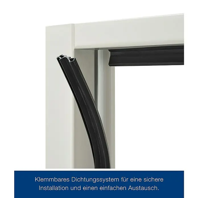Hörmann Feuerschutzklappe T30 H8-5 - 75 x 87,5 cm, DIN Anschlag: Links/Rechts, Grauweiß - Klemmbares Dichtungssystem für sichere Installation und einfachen Austausch. Die Dichtung ist schwarz und wird in einen weißen Rahmen eingesetzt.