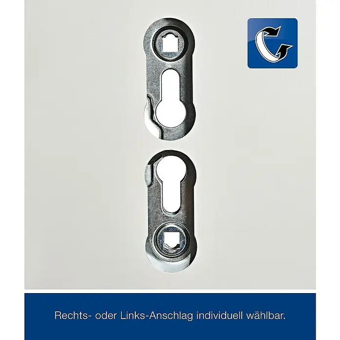 Hörmann Feuerschutzklappe T30 H8-5 - 75 x 87,5 cm, DIN Anschlag: Links/Rechts, Grauweiß - Produktansicht: Zwei Schlüssellochbeschläge aus Metall auf einer hellen Oberfläche, daneben ein blaues Logo.