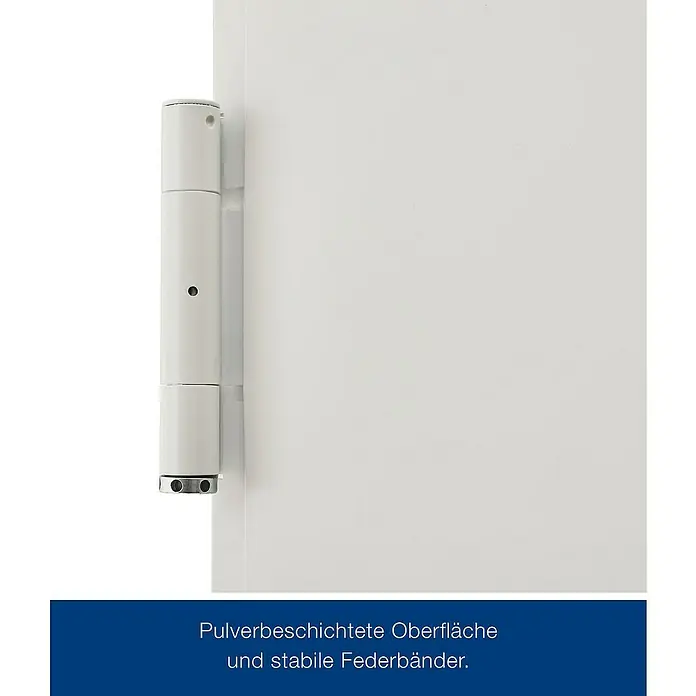 Hörmann Feuerschutzklappe T30 H8-5 - 75 x 87,5 cm, DIN Anschlag: Links/Rechts, Grauweiß - Detailansicht eines weißen Türscharniers. Die Oberfläche ist pulverbeschichtet und die Federbänder sind stabil.