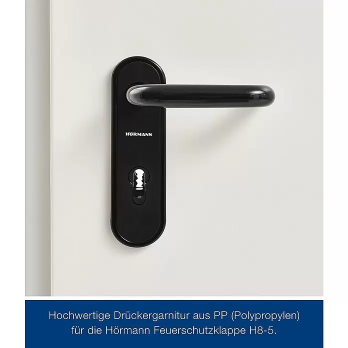 Hörmann Feuerschutzklappe T30 H8-5 - 75 x 87,5 cm, DIN Anschlag: Links/Rechts, Grauweiß - Schwarze Drückergarnitur aus Polypropylen mit Schlüsselloch, Marke Hörmann, für Brandschutztüren.