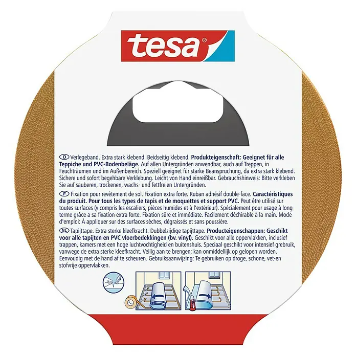 Tesa Verlegeband - 25 m x 50 mm, Beidseitig selbstklebend, Geeignet für: Fußbodenheizung - Tesa Teppichklebeband: Extra starkes, doppelseitiges Klebeband für Teppiche und PVC-Böden.