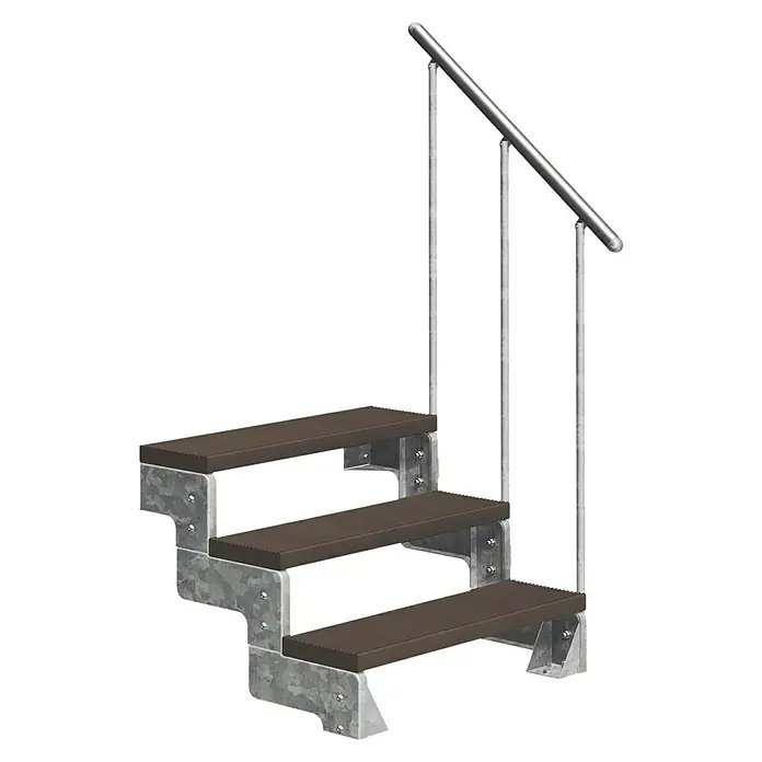 Dolle Außentreppe Gardentop - Trimaxstufen, Dunkelbraun, Feuerverzinkte Geländerstäbe, Breite: 100 cm, Anzahl Stufen: 3 Stk., Geschosshöhe: 54 cm - 66 cm - Treppe mit drei Stufen, braunen Trittflächen und silbernem Geländer. Ideal für den Außenbereich.