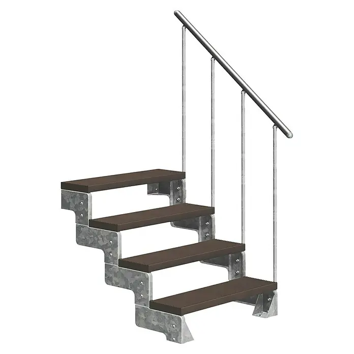 Dolle Außentreppe Gardentop - Trimaxstufen, Dunkelbraun, Feuerverzinkte Geländerstäbe, Breite: 100 cm, Anzahl Stufen: 4 Stk., Geschosshöhe: 72 cm - 88 cm - Die Abbildung zeigt eine Außentreppe mit vier Stufen, braunen Trittflächen und einem silbernen Metallgeländer. Ideal für den Garten.