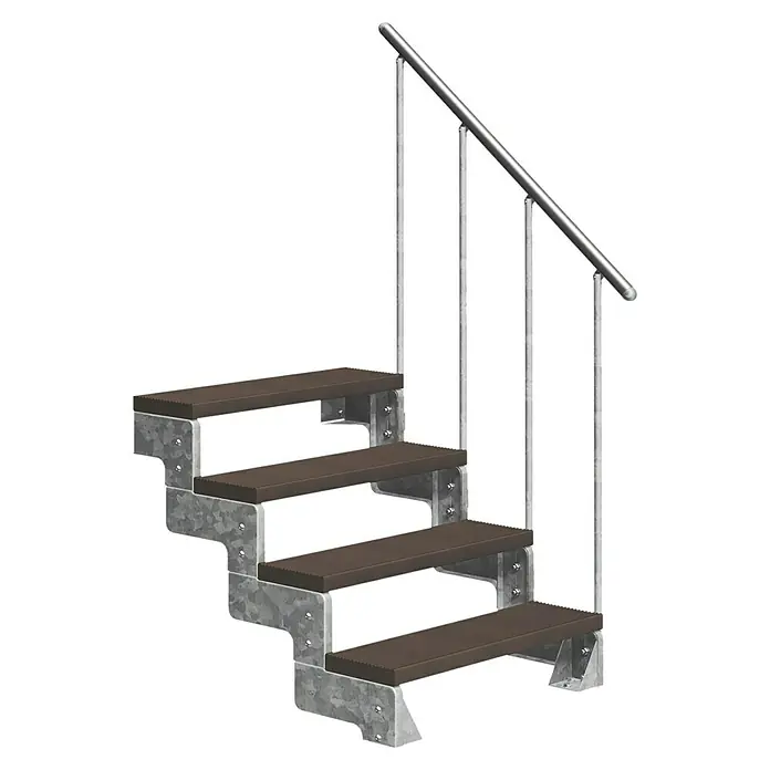 Dolle Außentreppe Gardentop - Trimaxstufen, Dunkelbraun, Feuerverzinkte Geländerstäbe, Breite: 80 cm, Anzahl Stufen: 4 Stk., Geschosshöhe: 72 cm - 88 cm - Außentreppe mit dunkelbraunen geriffelten Stufen, verzinktem Metallrahmen und Edelstahlgeländer.