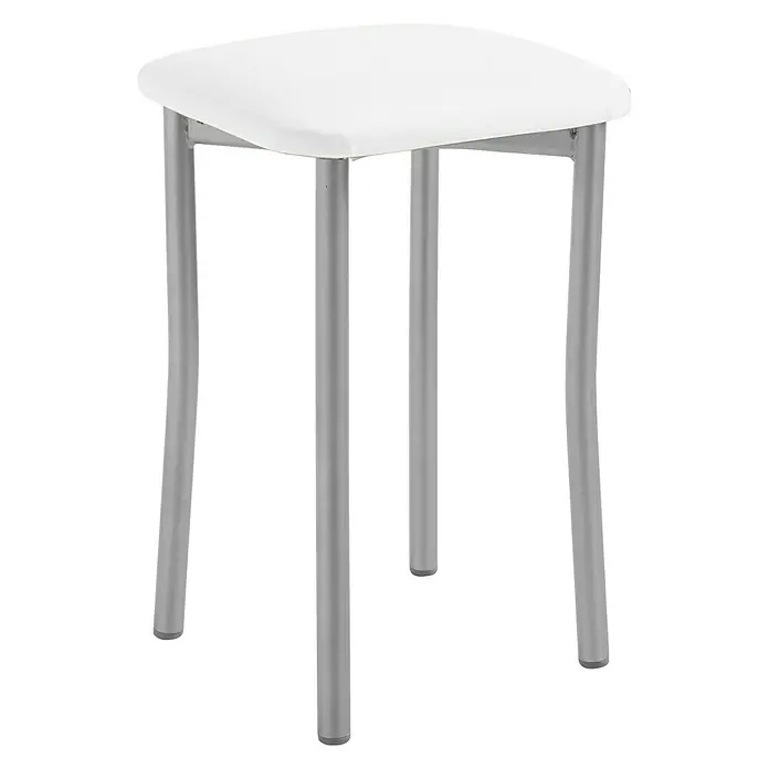 Taburete de cocina Kopa - L x An x Al: 33 x 33 x 47 cm, Blanco - Imagen de un taburete blanco moderno con patas plateadas. Es simple, elegante y perfecto para varios estilos de interior.