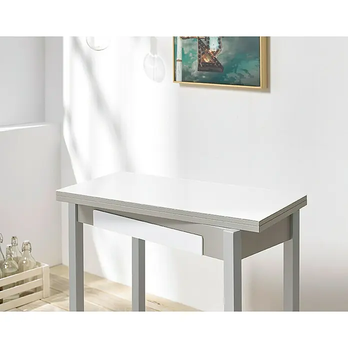 Mesa Meri - L x An: 90 x 45 cm, Material del tablero de la mesa: MDF, Blanco - Una elegante mesa consola con tapa blanca y estructura gris, ideal para espacios modernos. Con un práctico cajón para almacenamiento.